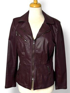 White House Black Market WHBM Coated Zip Up Moto Jacket Burgundy Sz 12P
